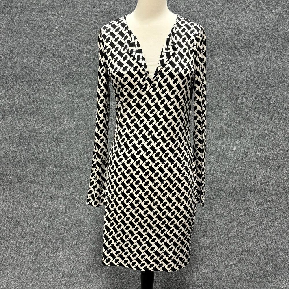 Diane Von Furstenberg Dress Womens 8 Black Geometric Silk Sheath V Neck